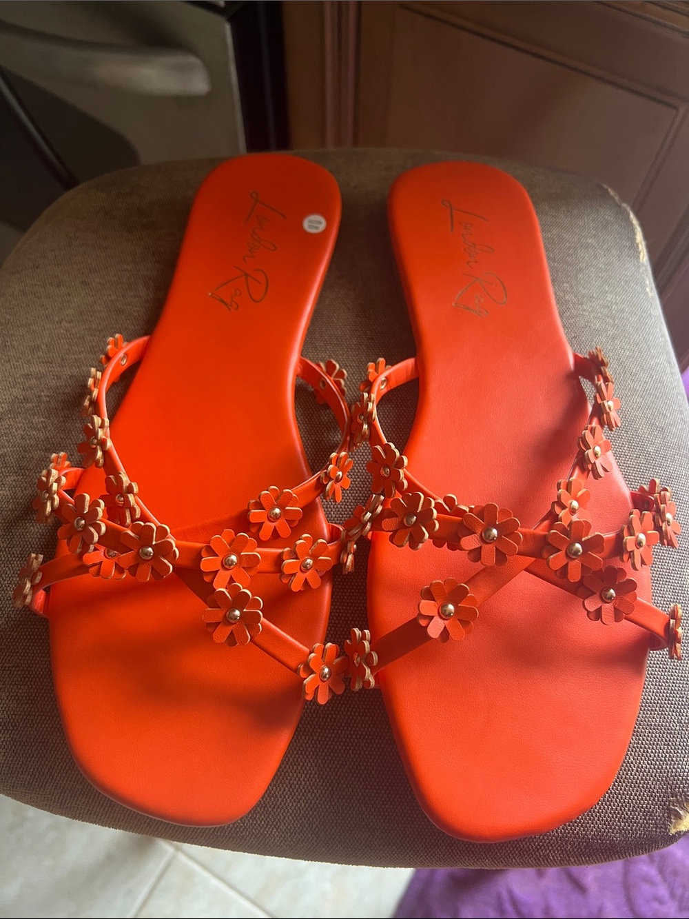 Floral Applique Orange Slide Sandals by Leslie Rey